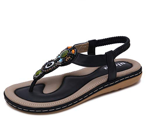 Sandalen Damen Sommer Flip Flops Bohemian Flach Zehentrenner mit Strass, Schwarz, 41 EU