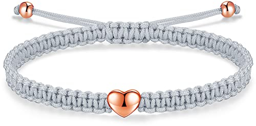 J.Endéar Herz Armband für Damen Mädchen Silber 925 Roségold Handgefertigtes Geflochtenes Armband Zeichenfolge Faden Armband Verstellbarer Seil Kette, Schwarzes