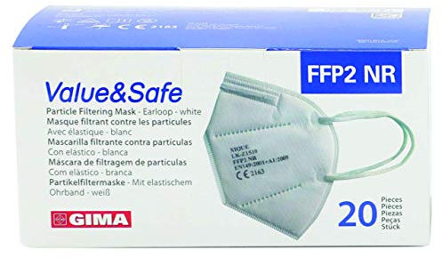Gima Mascherina Filtrante FFP2 Value&Safe, 5 Strati, Colore Bianco, Ergonomica, Pieghevole, Antipolvere, Elastici Flessibili ed Estensibili, DPI Classe III, 20 Unità in Bustine Singole, GB,FR,ES,PT,DE