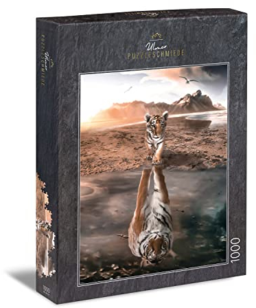 Ulmer Puzzleschmiede - Tiger-Puzzle „Große Zukunft“ - Klassisches 1000 Teile Puzzle, Made in Germany, mit poetischem Tier-Motiv – Mit Geduld und Kraft Wird das Tigerbaby zum König der Tiere
