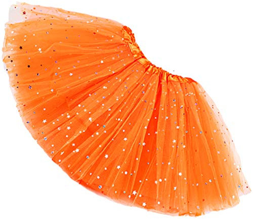 Ugitopi Damen Erwachsene Glitzernder Elastischer 4-lagiger Tüll Tutu Rock (Orange)