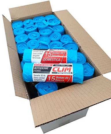 Clim Profesional 840 Bolsas de Basura Perfumadas con Autocierre para Cubo Doméstico de 30 litros. Rollo 15 uds. Caja con 56 rollos 55x60 cm