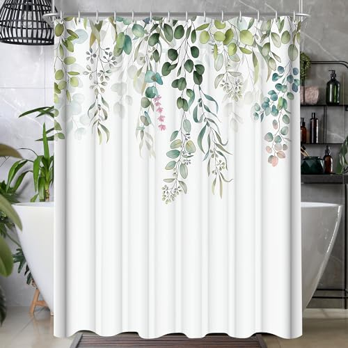 Lerores Duschvorhang 180x200cm, Grün Blätter Antischimmel Textil, Beschwerter Saum Wasserabweisend, Waschbar Polyester Stoff Badevorhänge mit Ösen und 12 Duschvorhangringe für Badezimmer, Badewanne