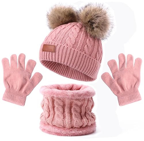 3 PCS Kids Winter Warm Beanie Hat Scarf Gloves Set, Thermal Knit Crochet Thick Fluffy Toddler Scarf Double Pom Pom Bobble Hat with Faux Fur for Girls Boys Children Toddler Aged 3-8 years old (Pink)