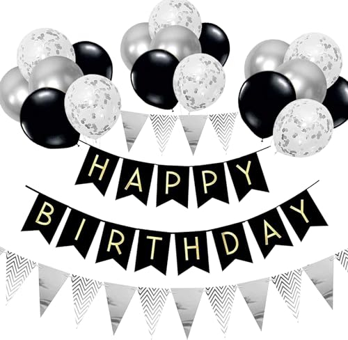 Happy Birthday bunting Banner balloons, Black Happy Birthday Bunting Banners, 12 inch Black and silver Happy Birthday Balloons Perfect for Birthday Party Decorations(BK+SR+SJQ)
