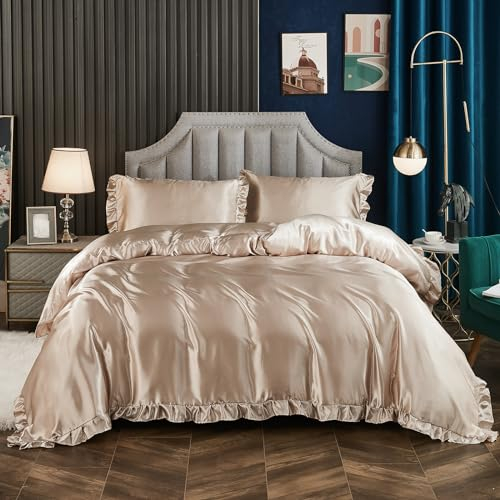 Herside Satin-Bettwäsche-Set, Khaki, Rüschen, seidiger Satin, gerüscht, Fransen, seidiges Boho-Bettwäsche-Set, Einzelbett, 1 Bauernhaus-Bettbezug, 1 Kissenbezug (Khaki, UK-Single)