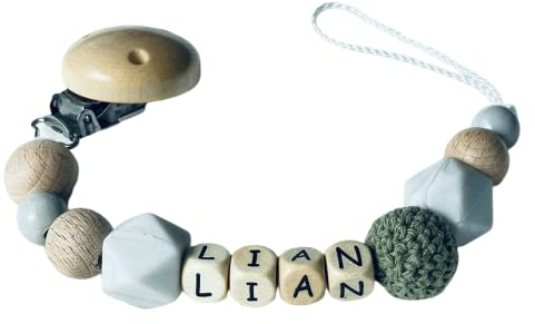 personalisierte Kette mit Namen für für Mädchen oder Junge Baby Geschenk personalisiert zur Geburt & Taufe Natur Holz Perlen (Grün)