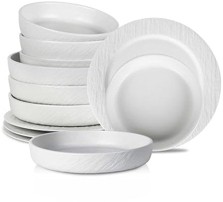 Stone Lain Senso 12-Piece Dinnerware Set New Bone China, Plates and Bowls Sets, Dish set for 4, Dinner and Salad Plates, White