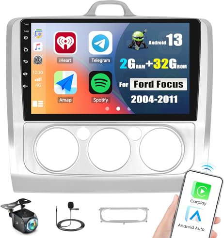 2G+32G Android 13 Autoradio 2 Din für Ford Focus Mk2 Mk3 Exi MT 2 3 2004-2011 mit Wireless Carplay Android Auto, 9 Zoll 2Din Auto Touch Display Radio mit GPS Navi WiFi BT FM/RDS SWC+Rückfahrkamera