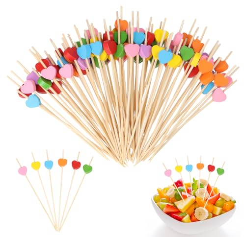 Nivofu 100 Pièces Bâtons de Cocktail en Bambou, 12cm Brochettes à Cocktail avec Cœurs Colorés, Cure-Dents Apéritif, Brochettes de Fruits, pour Bar, Mariage, Anniversaire, Fête, Déco Cocktail