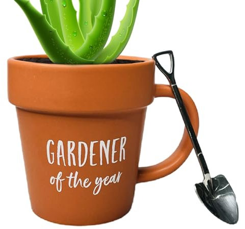 Flower Pot Mug - Gardeners Water Mugs, Plant Pot Coffee Mug | Gardener of The Year Coffee Cup with Heartwarming Quotes, Gardener Plant Pot Coffee Mug with Shovel Spoon for Him Her Dad Mum Grandad