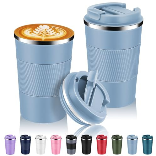 Volhoply Lot de 2 tasses à café de voyage isothermes en acier inoxydable de 390 ml avec couvercle à rabat – Tasse à café réutilisable à double paroi sous vide en métal – Gobelet portable étanche pour