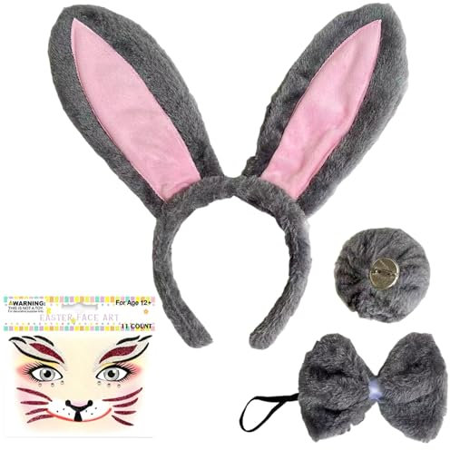 LUKIUP Hase Kostüm Damen Sexy, Osterhasenohren Tier Kostüm, Hasen-Zubehör-Set mit Hasenohren, Schwanz, Fliege und Gesichtstattoo für Ostern Bunny Cosplay (Weiß rosa/4 Stück)
