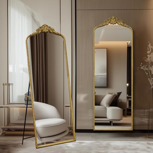 G-LEAF Barock Bogen Ganzkörperspiegel, 56cm x 165cm Vintage Gewölbter Standspiegel, Groß Antiker Wandspiegel zum Stehen, Anlehnen oder Hängen, Bodenspiegel für Schlafzimmer, Wohnzimmer,Gold