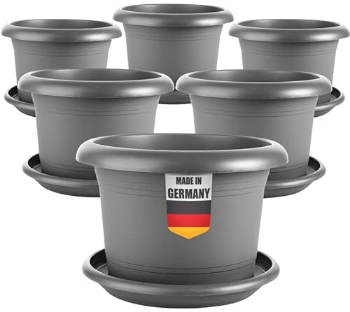 Centi Lot de 6 pots de fleurs élégants de grande taille en anthracite : pot de 30 cm de qualité supérieure avec soucoupe – Pot de fleurs allemand grand pour toutes les conditions météorologiques