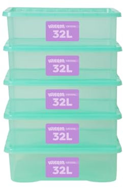 Wham Crystal Plastic Storage Boxes With Lids Home Office Stackable Nestable Container Box, 32L Easy fit Underbed Protective Storage Box, 60 x 40 x 18 cm - Tint Spearmint (Set of 5)