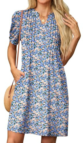 GRECERELLE Womens Dresses Summer Casual Short Sleeve V Neck Shift Dress for Women Ladies T Shirt Dress with Pockets (Orange Blue Flower, XXL)
