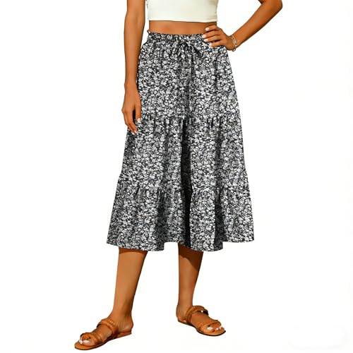 ROFUSSO Femme Jupe Midi Élégante à Fleurs Jupes Trapèze Taille Haute pour L'été Jupe de Plage Jupes Décontractées de Couleur Unie(A-Noir,M)
