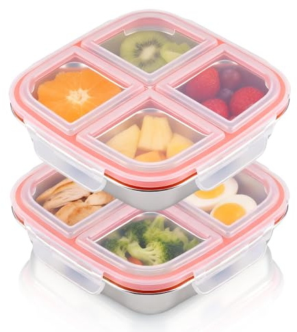2 Stück Snackbox mit Fächern Edelstahl, Snackdose für Kinder & Erwachsene | Wiederverwendbare, Meal Prep Behälter Kinder, Leckdichte Metall Bento Box mit Deckel für Schule, Arbeit & Camping (600ML)
