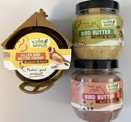 Wild Bird Butter Feeder and Jars Variety Pack (3 x 375g Jars) - Mealworm & Insect/Fruit & Berry/Seed & Nut