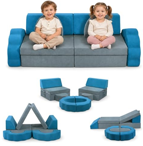 Krovtoy Sofá Infantil 10 Piezas, Sofá Modular con Forma Flor y Efecto Luminoso con Fundas Lavables, Reconfigurable para Jugar y Descansar, Adecuado para Habitación Infantil (Gris-Azul)