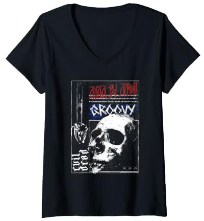 Damen Evil Dead Horror Movie Groovy Skull Kettensäge Halloween T-Shirt mit V-Ausschnitt