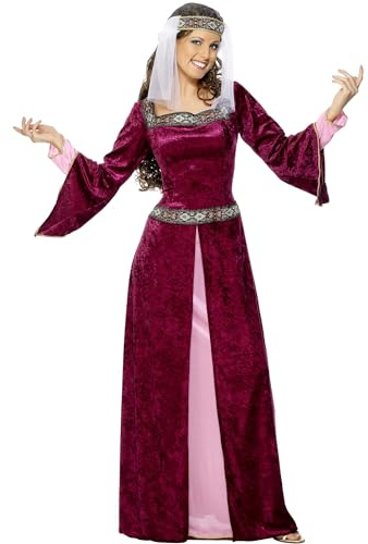Smiffys Maid Marion Kostüm, Burgunderrot, mit Kleid und Kopfbedeckung