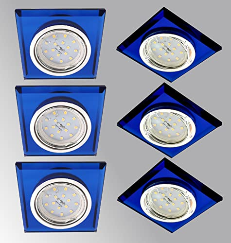 Trango 6er Set 6736B-06BAK *BLUE CRYSTAL* LED Deckenstrahler aus Echtglas (handgeschliffen) & Alu inkl. 6x 3 Watt GU10 LED Leuchtmittel 3000K warmweiß, Einbauleuchte, Einbauspots, Deckenleuchte, Deckenspots, Badleuchte, Deckenlampe