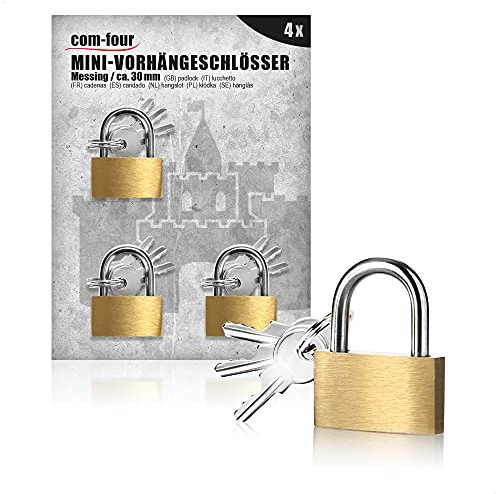 com-four® 4x Vorhängeschloss aus Messing - Vorhangschloss mit 3 Schlüssel - Sicherheitsschloss für Haushalt, Freizeit, Arbeit