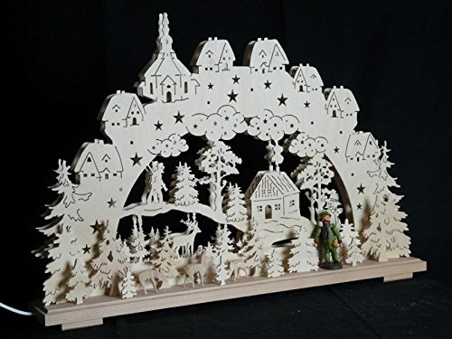 Rudolphs Schatzkiste Schwibbogen mit Waldmotiv mit Jäger und Beleuchtung BxHxT 70x43x7cm NEU Lichterbogen Fensterbogen Spitzbogen Erzgebirge Seiffen Weihnachten Licht Holz Dekoration Beleuchtung