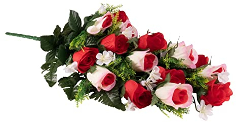 TRI Grabaufleger Rosen, Grabschmuck Kunstblumen Grabdekoration Rosenblüten Friedhofsgesteck, Blütenfreude, 60 x 25 x 7 cm, rosa & rot