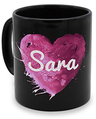 printplanet - Tasse Schwarz mit Namen Sara - Motiv: Painted Heart - Namenstasse, Kaffeebecher, Mug, Becher, Kaffeetasse