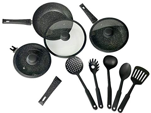 Alfionapoli DGBAVARIA Juego de sartenes altas de 14 piezas con asas extraíbles de piedra volcánica antiadherente con tapa y cucharones Juego de 14 piezas de inducción de gas disponibles tanto en
