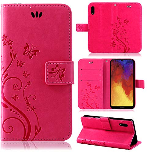 betterfon Hülle Kompatibel mit Huawei Y6 (2019) | Premium PU Leder Handyhülle Wallet Case für Y6 (2019) | Schutzhülle Blumen Klapphülle Handyhülle | Pink