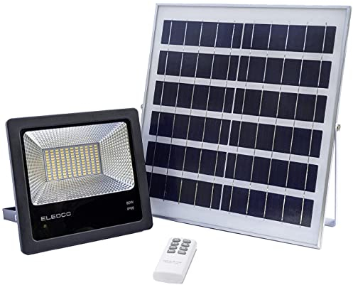 ELEDCO Foco Solar Led 80W, Panel Solar, Batería, Regulable Mando a Distancia, Luz Exterior Autonomía 8-15 Horas, Luz Neutra 4000K