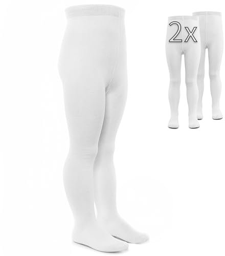 LaLoona Lot de 2 Paires de Collant Bebe Fille et Garçon - Collants Extensibles avec Large Elastique Plat, Chaud, Haute Teneur en Coton, Lavable en Machine - Blanc