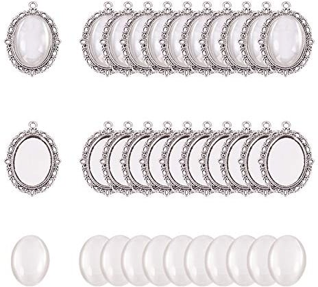 PH PandaHall 30 Sets Bezel Pendant Blanks Settings - 30pcs Oval Pendant Trays Bezel Blanks with 30pcs Glass Cabochons Clear Dome for Wedding BouquetPhoto Jewellery Making, Antique Silver, 25x18mm