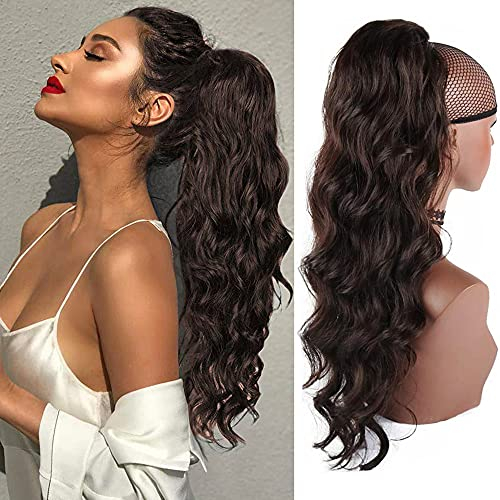 YEESHEDO Pferdeschwanz Haarteil Clip Extensions Zopf mit Kordelzug Lang Wellig Dunkelbraun Haarverlängerunge Natürliche Perücke Afro Lockige Zöpfe Ponytail (4#)