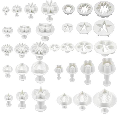 33 Pcs Emporte Piece Pate a Sucre, Outils de Modelage Fondant, Coupe Biscuits avec Plongeur, Coeur Fleur Feuille Papillon étoile Forme Plastique Coupe-Biscuits pour la Décoration de Gâteaux Bricolage