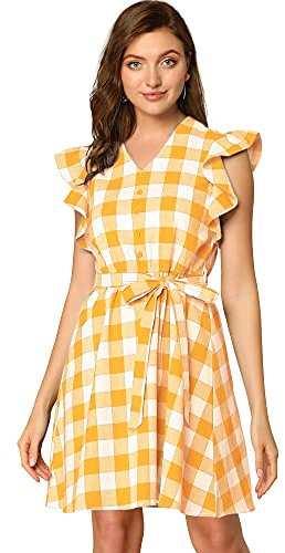 Allegra K Femmes Robe Carreaux Vintage Carreaux Manches Volants Jaune S