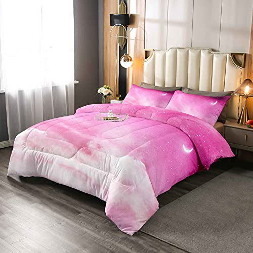 Loussiesd Rosa Galaxis Bettdecke 135x200cm Stern Mond Bedrucktes Steppbett Weiche Mikrofaser Weltraum Galaxis Daunendecke für Teenager Kinder Mädchen Jungen 4-Jahreszeiten Bettdecke