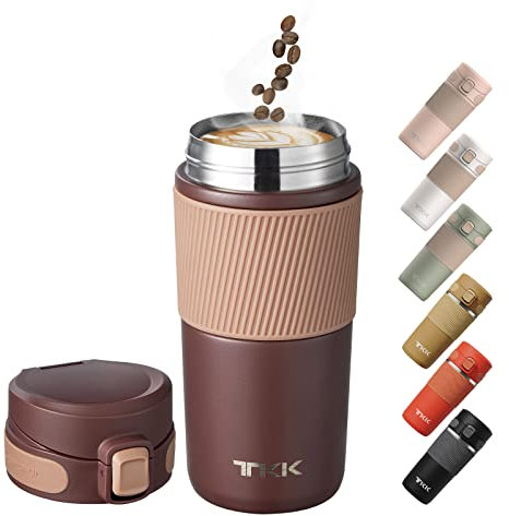 Insulated Coffee Travel Mug Double Wall Leak-Proof Thermos Vacuum Reusable Stainless Steel Tumbler, 15 oz, Brown