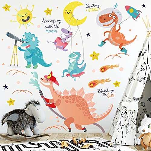 BuerHomie Wandtattoo Kinderzimmer Jungen, lustige Dinosaurier Sonne Mond Rakete Sterne Wandaufkleber, Wanddeco für baby- & kleinkinderzimmer