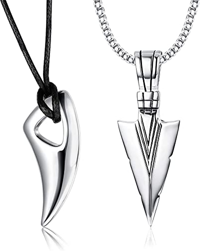 Morfetto 2 Stücke Edelstahl Anhänger Halskette für Herren Spearpoint Pfeilspitze Wolf Zähne Anhänger Kette Halskette Set Silber