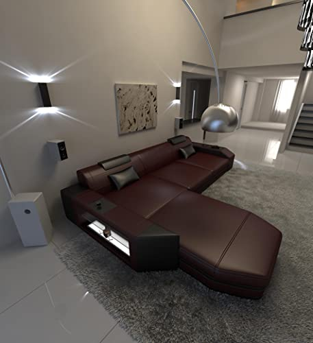 Ledersofa Prato L Form Sofa - mit LED Beleuchtung, verstellbare Kopfstützen, Recamiere/Lederfarben wählbar/Ausrichtung wählbar (Ottomane Links, Weinrot-Schwarz)