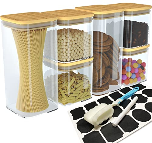 Newaner 6 Stück Vorratsgläser, Vorratsdosen Glas(6,4 Liter insgesamt), großer Glasbehälter Mit versiegelter Bambusabdeckung, Vorratsdosen zur Aufbewahrung von Nudeln, Tee, Kaffee, Gewürze etc.