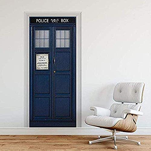 NICEWL Selbstklebende 3D-Tür-Wandbilder, zum Abziehen und Aufkleben, Dekor-Aufkleber, Polizei-Box, Blau, UK-Tardis, riesige Fantasie-Kunst, Leinwand-Tapete, abnehmbares Kunstposter (77 x 200 cm)