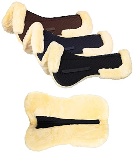 Equinate echt Lammfell Sattelkissen Spinefriend mit Wirbelsäulenfreiheit, Sattelpad M - Schwarz-Natur für Pferd und Pony, Sattel 16 16,5 17