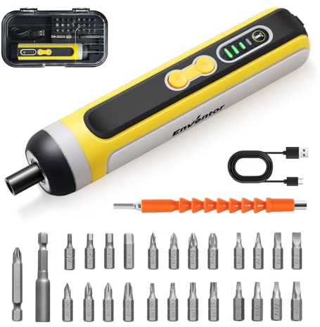 Enventor 4V Atornillador Electrico, Destornillador Electrico Pequeño con 2000mAh Batería de Litio, Carga USB Tipo-C, 3 Ajustes de Par, 6Nm, 25 Puntas, Eje Flexible, Luz de LED