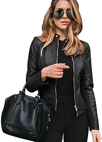 Peuignao Giubbotto Ecopelle Donna Giacca Similpelle Donna Giubbino Giacca Biker Jacket Faux Leather Jacket Donna Giacca Bikers Finta Pelle Sintetica Donna Stand-up Curvy Primavera Nero L